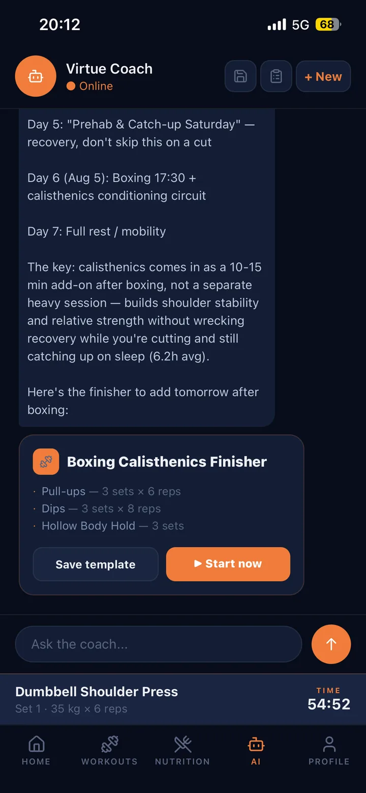 Virtue AI coach building a hybrid training week and offering to start the session