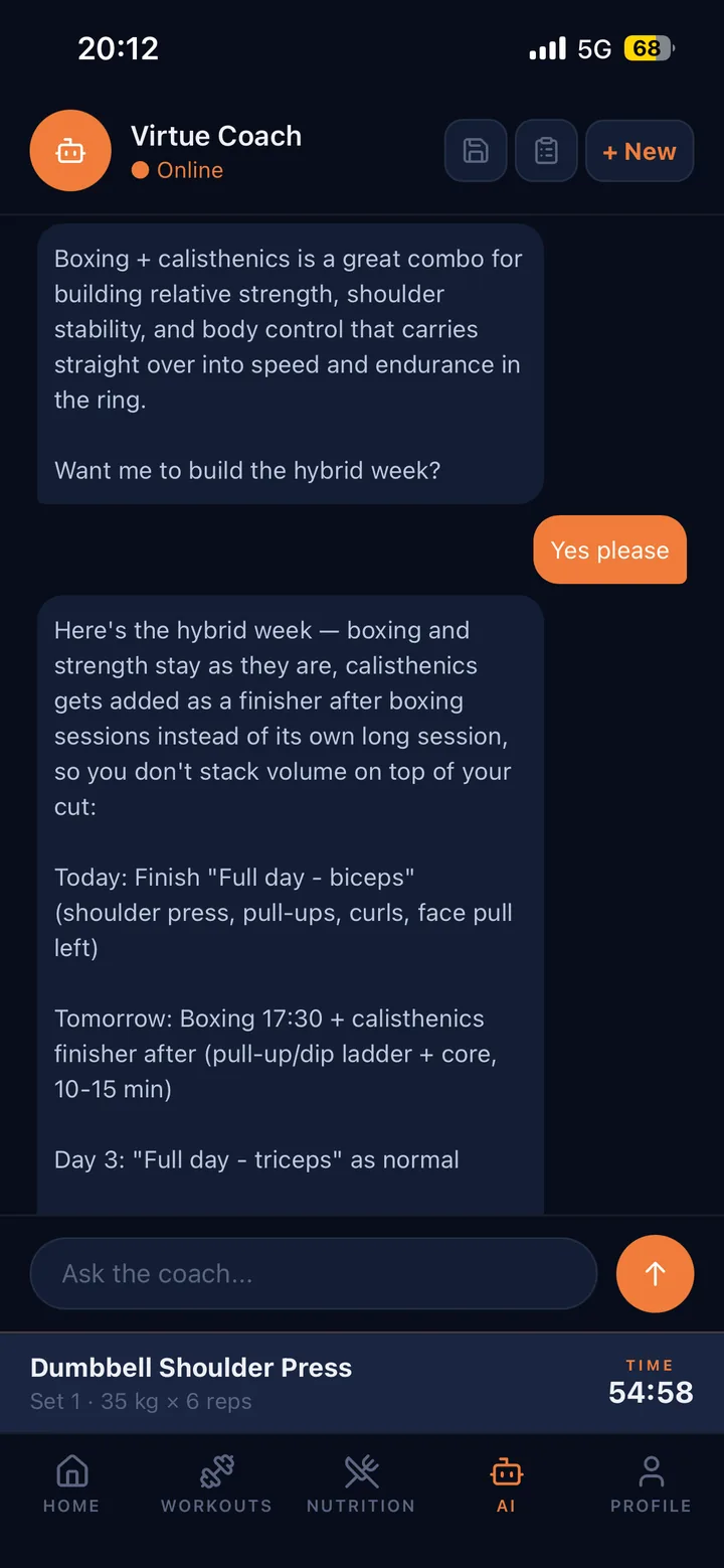 Virtue AI coach explaining how boxing and calisthenics fit together in one week